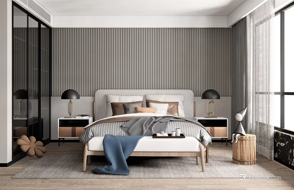 Contemporary Bedroom Interior Design With Vertical Striped Wallpaper Wooden Bed Frame And Table Lamps 3d model 