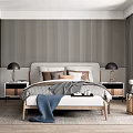 Contemporary Bedroom Interior Design With Vertical Striped Wallpaper Wooden Bed Frame And Table Lamps