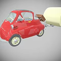 Vintage Red Classic Car Towing Cream Colored Trailer With Small Windows