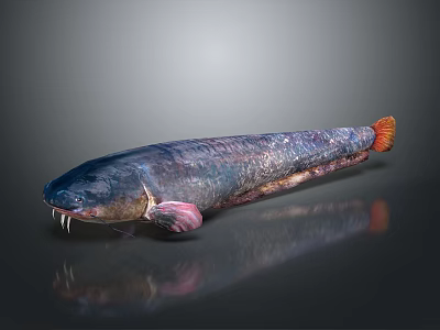 Sleek Elongated Aquatic Catfish With Smooth Dark Purple Skin Whiskers And Orange Tail 3d model
