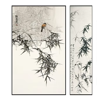 New Chinese Plant Painting Zen Ink Bamboo Bird Pattern Hanging Painting Combination 3d model