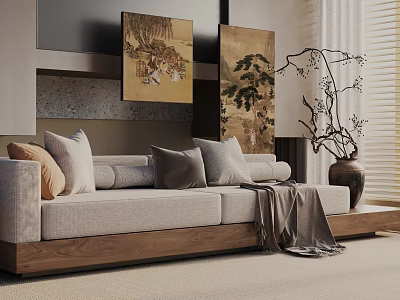Modern Three Seater Sofa With Gray Beige Pillows And Branch Vase Near Hanging Paintings 3d model