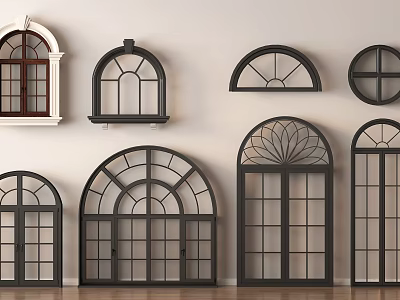 Various Arched Circular Decorative Window Designs With Wooden Frames And Patterns 3d model