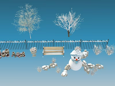 Snowy Winter Outdoor Scene With Snowman Trees Fence Bench Clay Pots And Stones 3d model
