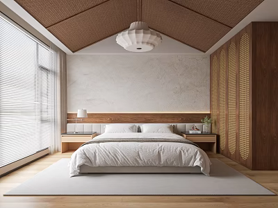 Natural Bedroom Interior With Woven Ceiling White Pendant Light Wooden Bed And Window Blinds 3d model