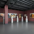 Modern Art Gallery Exhibition Hall With Paintings Sculptures Green Red Walls And White Pedestals