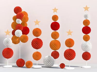 Elegant Floral Display With Red Orange White Decorative Balls And Golden Stars 3d model