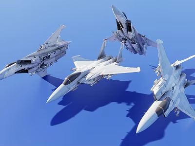 Four Military Fighter Jets Flying in Formation Against Blue Sky Background 3d model