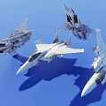 Four Military Fighter Jets Flying in Formation Against Blue Sky Background