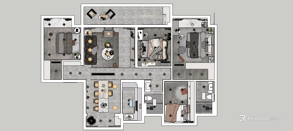 Birds Eye View Of Residential Floor Plan With Living Bedroom Kitchen And Bathroom Layout 3d model 