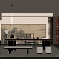 Modern Chinese Tea Room With Long Table Bench Round Cushions And Scroll Painting
