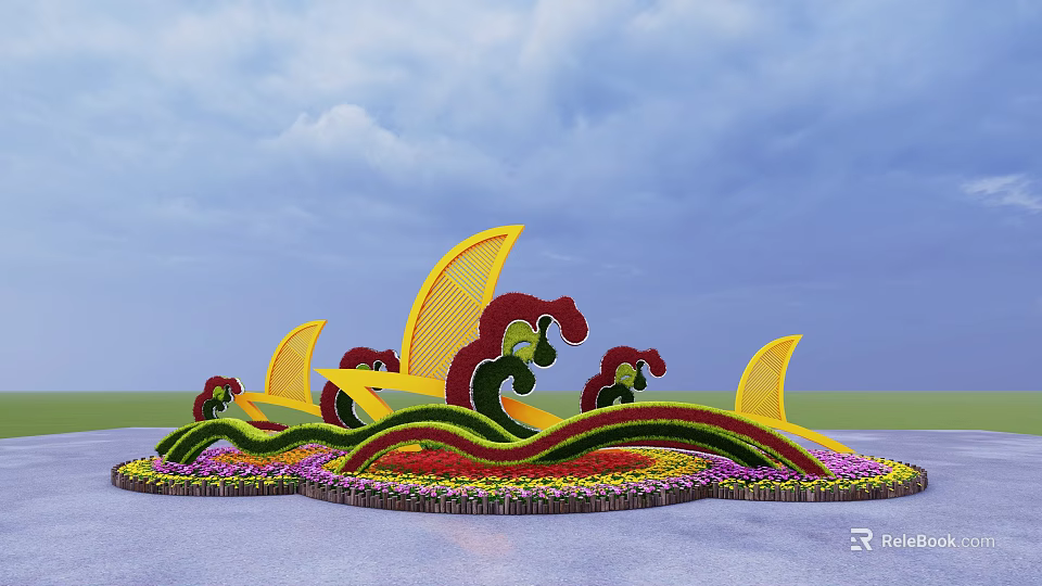 Wavy Flower Planters With Yellow Red Green Floral Design For Outdoor Landscape Decor 3d model 