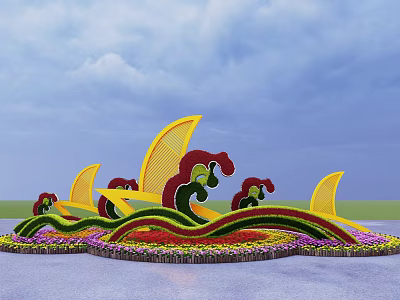 Wavy Flower Planters With Yellow Red Green Floral Design For Outdoor Landscape Decor 3d model
