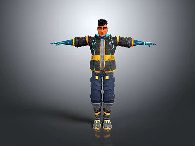3D Game Character With Black Yellow Jacket Blue Mechanical Arms Blue Pants Yellow Gray Shoes 3d model