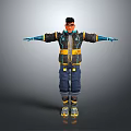 3D Game Character With Black Yellow Jacket Blue Mechanical Arms Blue Pants Yellow Gray Shoes