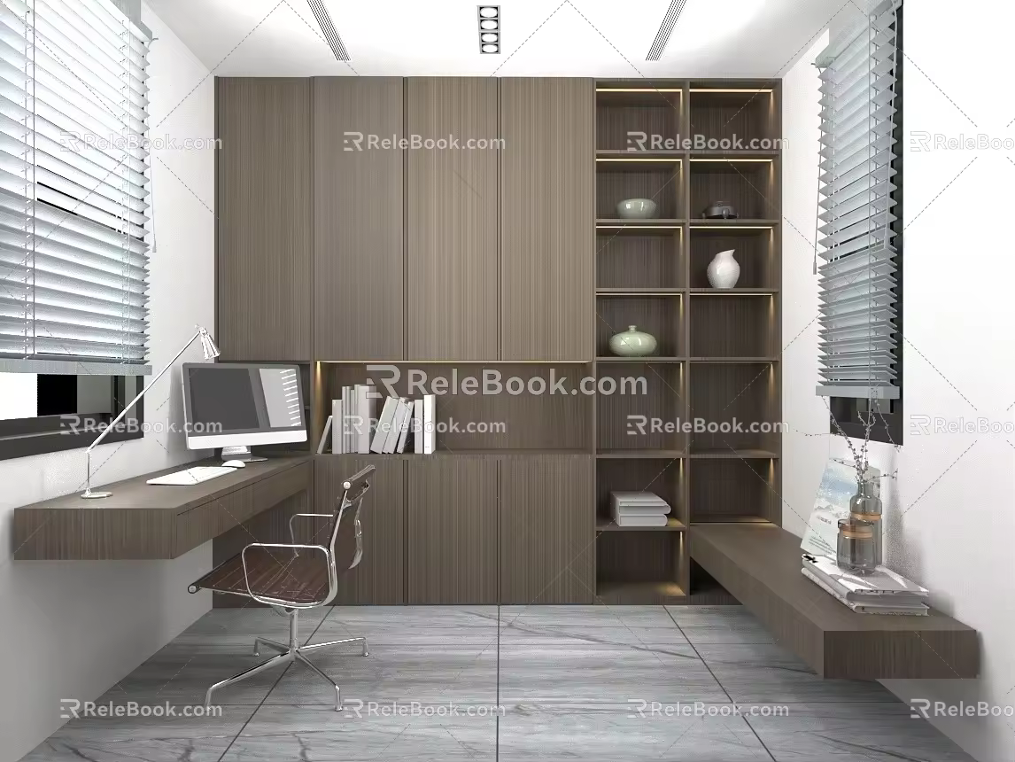 Modern minimalist study bookcase combination desk and chair combination decorative ornaments 3d model