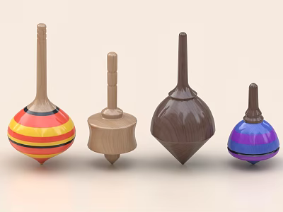 Colorful And Wooden Spinning Tops With Various Designs And Vibrant Colors 3d model