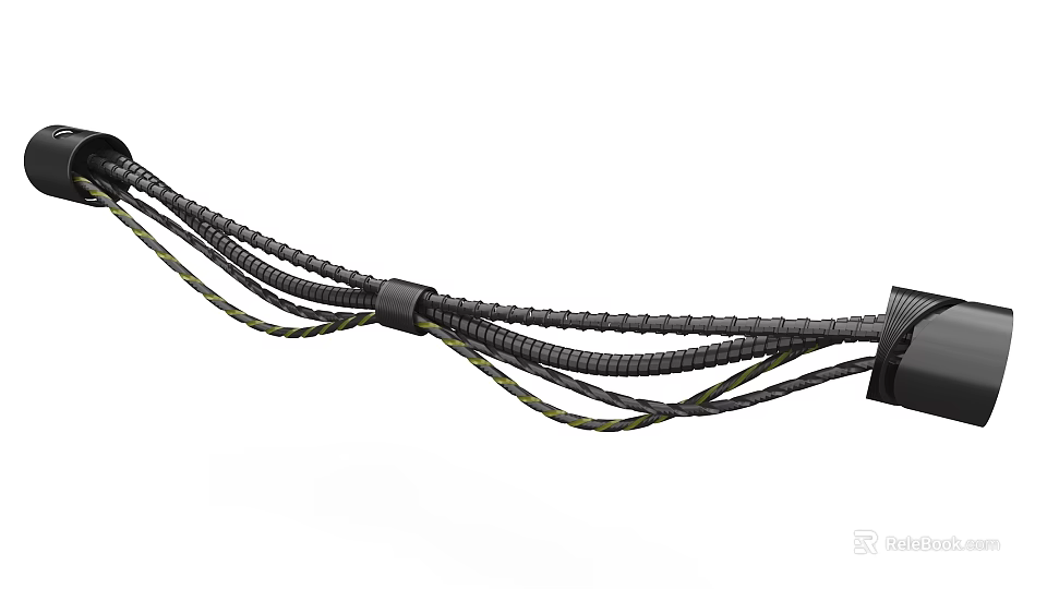 Industrial Equipment Cable Harness With Multiple Black Braided Cables Secured By Ties And Yellow Stripes 3d model 