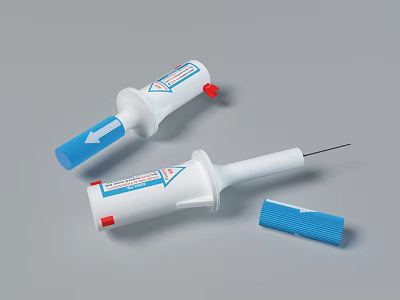 Medical Devices Disposable Syringe With Blue Plunger Red Components And Protective Needle Cap 3d model