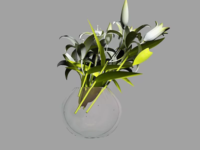 Elegant Transparent Glass Vase With Green Leaves And White Flowers For Home Decor 3d model