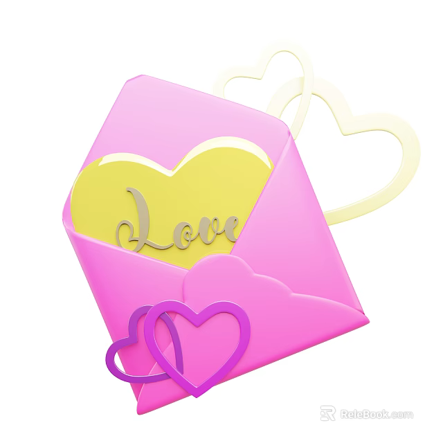 Pink Envelope Themed Decorative Ornament Set With Yellow Heart Love Lettering And Colorful Hearts 3d model 