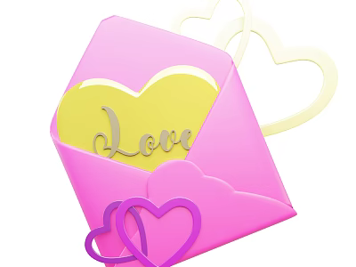 Pink Envelope Themed Decorative Ornament Set With Yellow Heart Love Lettering And Colorful Hearts 3d model