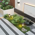 Modern Outdoor Garden With Wooden Deck Plants Outdoor Chairs Round Table And Decorative Lighting