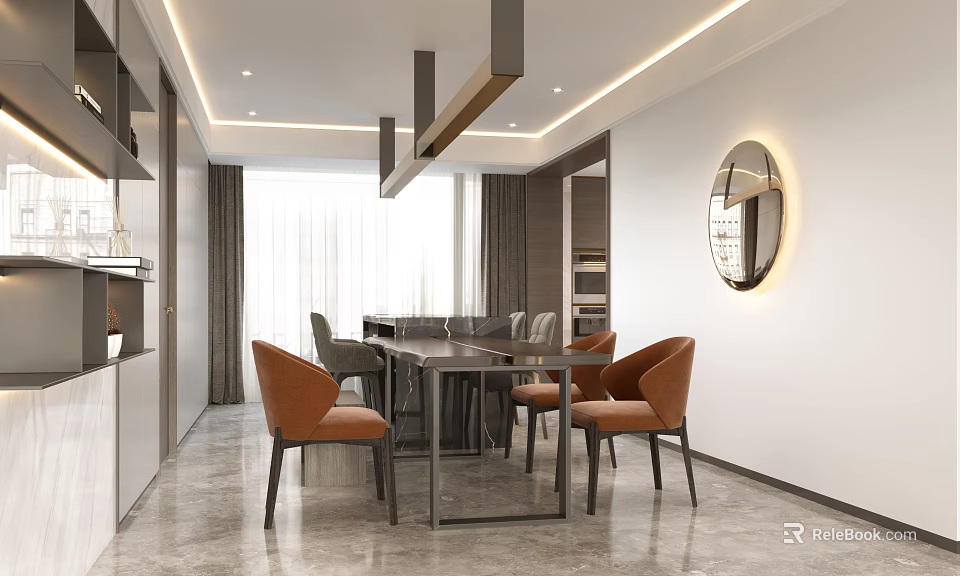 Modern Dining Room Interior With Rectangular Dining Table Orange Chairs Pendant Lights And Round Mirror 3d model