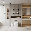 Modern Bathroom Interior With Open Shower White Toilet Wooden Cabinets Marble Countertop Mirror And Plants