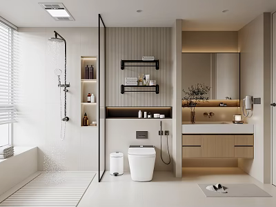 Modern Bathroom Interior With Open Shower White Toilet Wooden Cabinets Marble Countertop Mirror And Plants 3d model