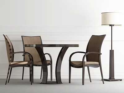 Modern Dark Wood Dining Table Set With Upholstered Armchairs And Floor Lamp 3d model