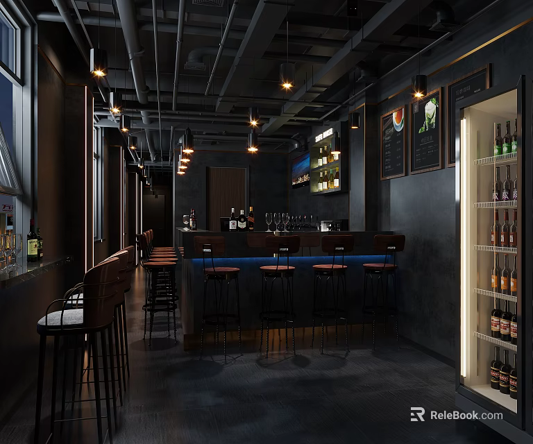 Modern Bar Interior Design With Bar Counter High Stools And Pendant Lights 3d model 