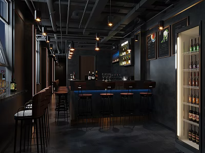 Modern Bar Interior Design With Bar Counter High Stools And Pendant Lights 3d model