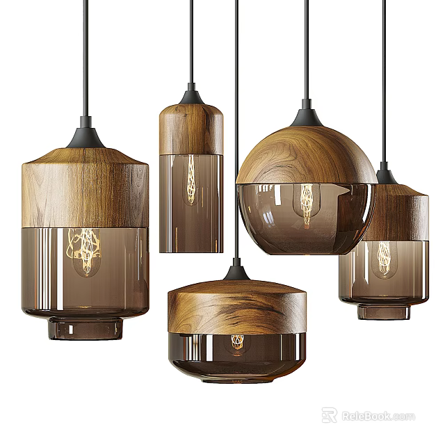 Modern Pendant Lights With Walnut Wood And Brown Glass In Various Shapes 3d model 
