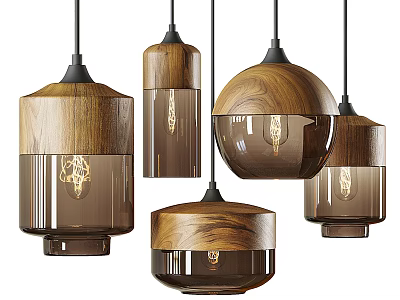 Modern Pendant Lights With Walnut Wood And Brown Glass In Various Shapes 3d model