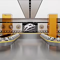 Modern Helmet Showroom With Curved Display Counters Yellow Pillars Wall Decorations And White Helmets