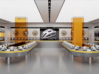 Modern Helmet Showroom With Curved Display Counters Yellow Pillars Wall Decorations And White Helmets 3d model