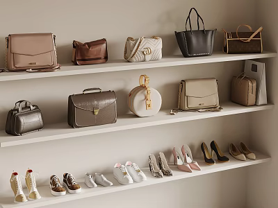 Organized Display Of Stylish Handbags And Colorful Shoes On White Shelves 3d model