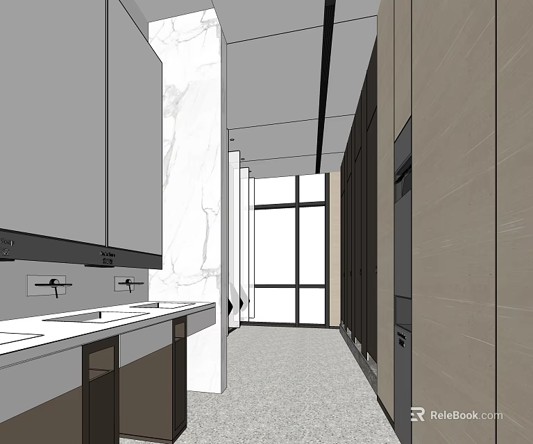 Clean Modern Public Restroom Interior With Marble Wall Washbasins And Stalls 3d model 