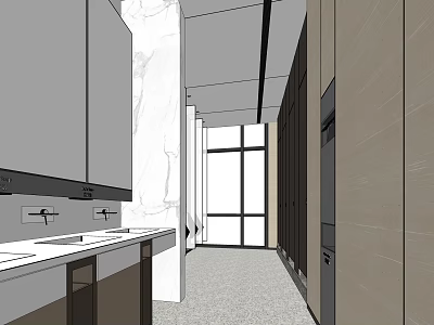 Clean Modern Public Restroom Interior With Marble Wall Washbasins And Stalls 3d model