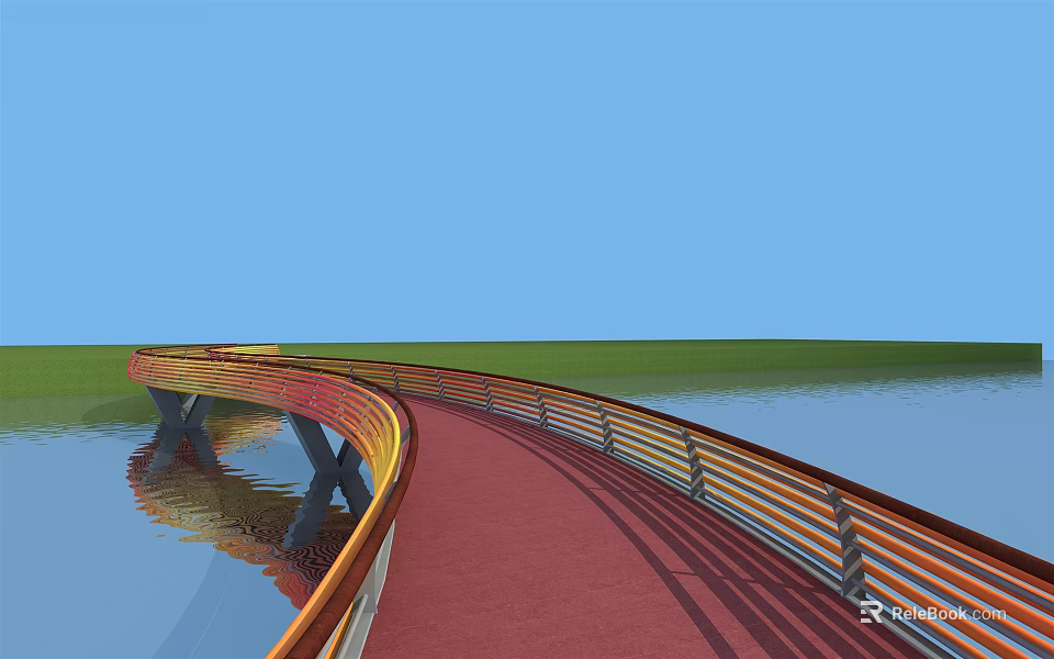 Modern Curved Bridge With Red Pathway And Wooden Railings Over Water Under Blue Sky 3d model 