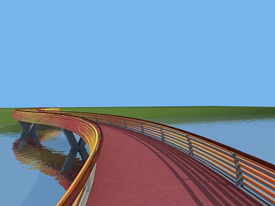 Modern Curved Bridge With Red Pathway And Wooden Railings Over Water Under Blue Sky 3d model
