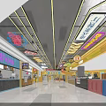Shopping Mall Lobby Interior With Neon Signs Golden Ceiling Lighting And Colorful Shop Counters