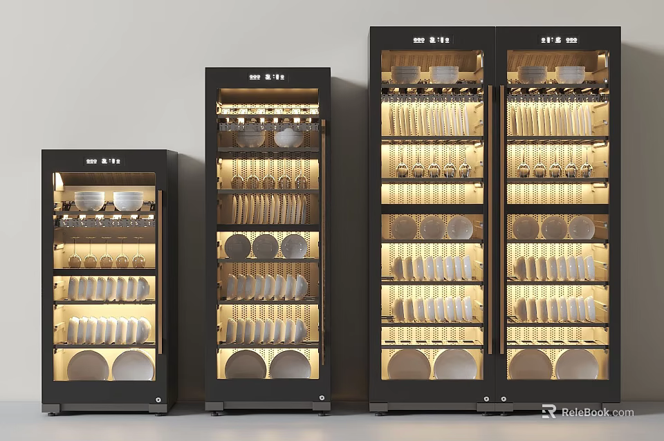Black Glass Cabinets With Illuminated Interior Displaying Various Tableware In Different Sizes 3d model 