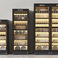 Black Glass Cabinets With Illuminated Interior Displaying Various Tableware In Different Sizes 3d model
