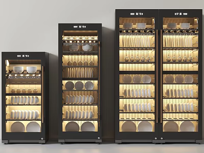 Black Glass Cabinets With Illuminated Interior Displaying Various Tableware In Different Sizes 3d model