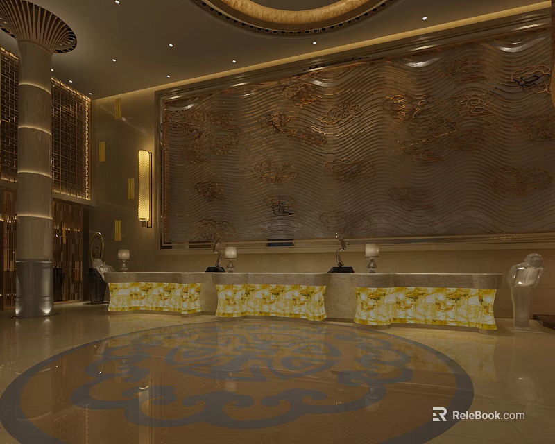 Luxurious Hotel Lobby Interior With Ornate Wall Decor Front Desk And Patterned Floor Design 3d model 