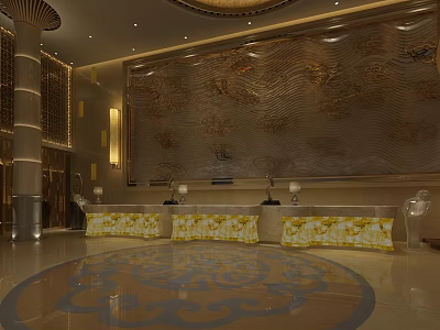 Luxurious Hotel Lobby Interior With Ornate Wall Decor Front Desk And Patterned Floor Design 3d model