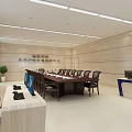 Modern Conference Room Featuring Long Table Multiple Chairs Large Screen Curtains And Indoor Plants