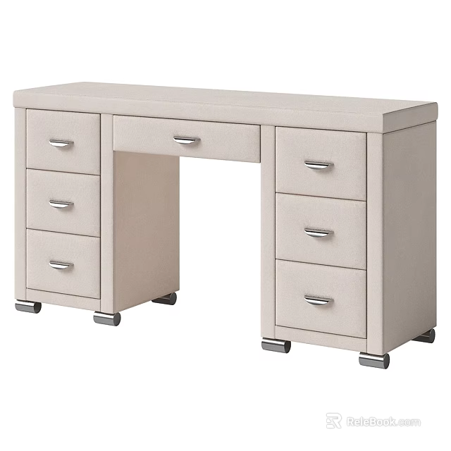 Beige Modern Desk With Multiple Drawers And Rolling Wheels Design 3d model 
